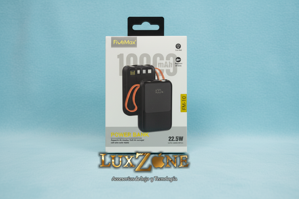 Power Bank FiveMax 10.000mAh 22.5W - Carga Rápida con 4 Cables Integrados y Pantalla LED.