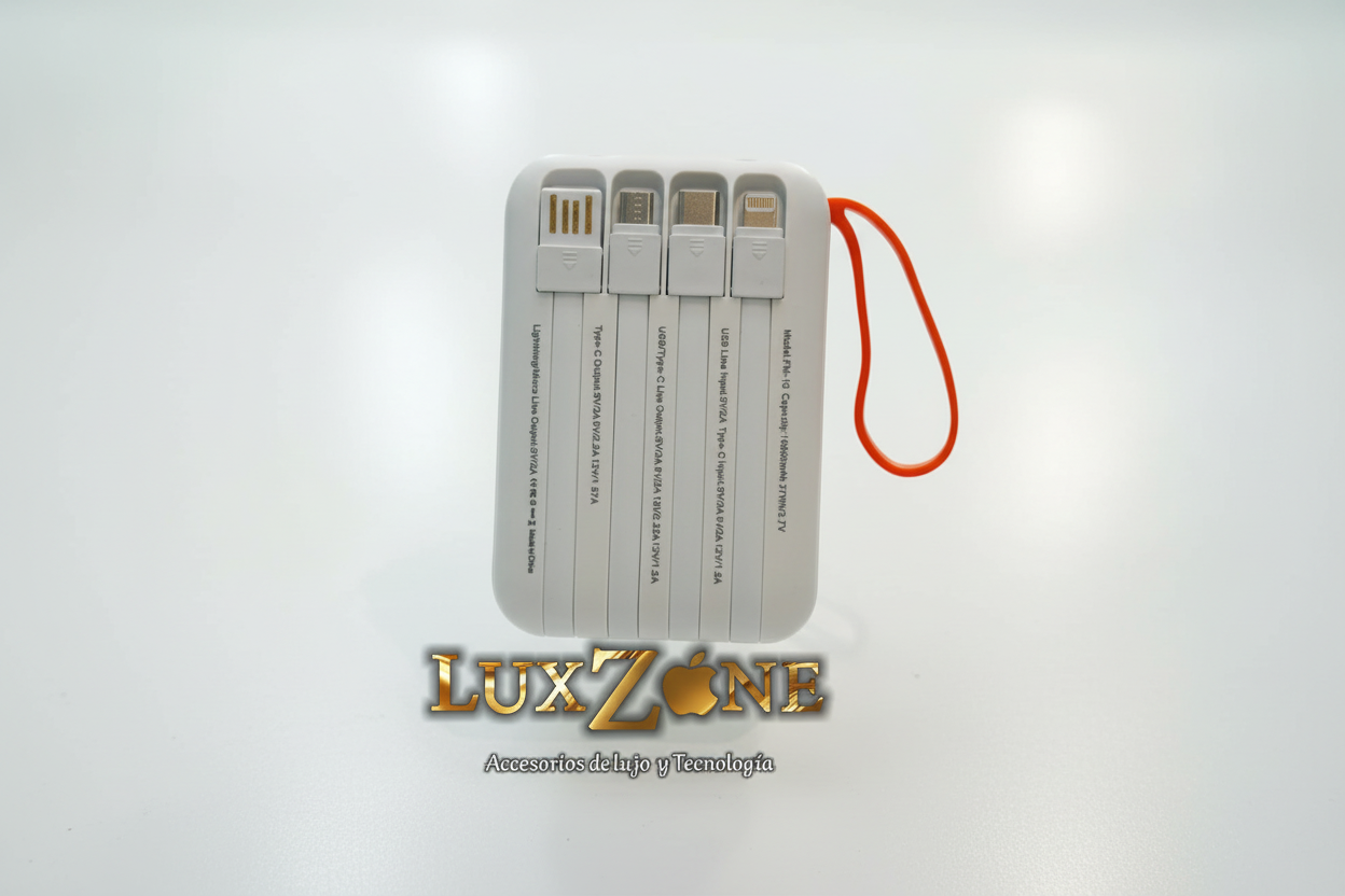 Power Bank FiveMax 10.000mAh 22.5W - Carga Rápida con 4 Cables Integrados y Pantalla LED.