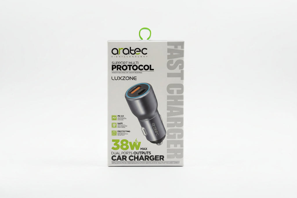 Cargador de Carro Aratec 38W: Carga Rápida Dual (USB-C + USB-A)