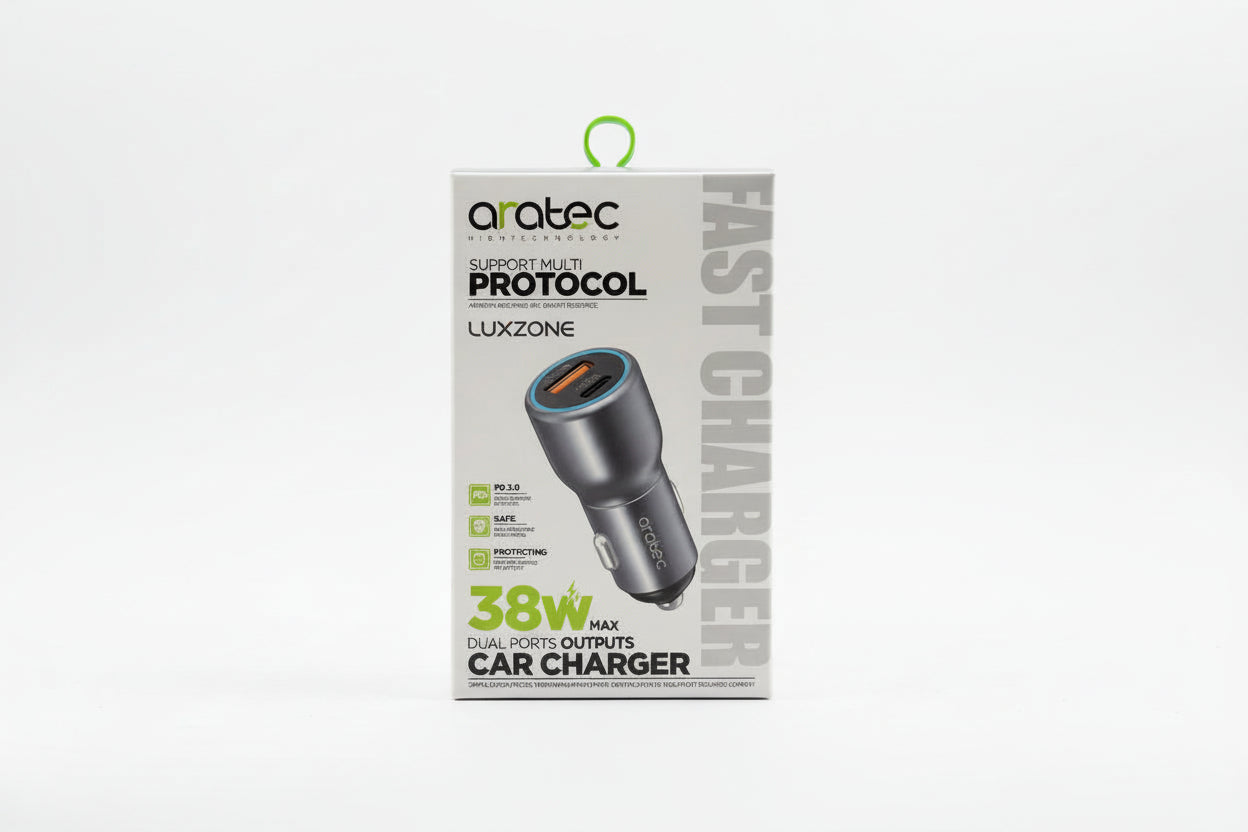 Cargador de Carro Aratec 38W: Carga Rápida Dual (USB-C + USB-A)